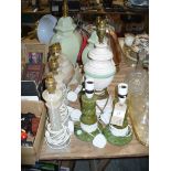 3 Alabaster column table lamps, vase table lamps and other assorted lamps.