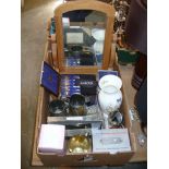 A box of sundry items including a Victorian pine toilet mirror, Aynsley vase,