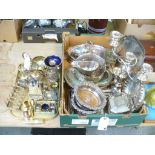 Two trays of plated ware including toast rack, plate mounted castor,