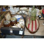 A Sadler three piece teaset, two oak biscuit barrels, blue and white tureen, apothecary's bottle,