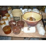 A Large glazed stoneware bowl, stoneware storage pots, salt glazed pots an covers,