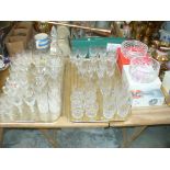 Two trays of table glassware including Web Corbett lead crystal liquor glasses,