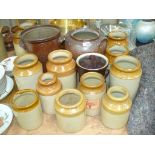 Two salt glazed two handled pots, stoneware storage jars (13).