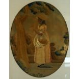 A Victorian silk work tapestry panel Depicting a lady wearing a bonnet hat,