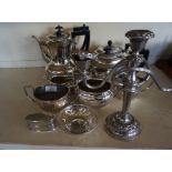 A mixed lot of assorted silver plate to include teapot, candelabra etc.