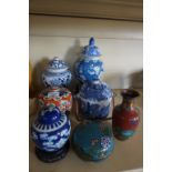 A mixed lot of assorted Chinese and English ceramics to include temple jars,