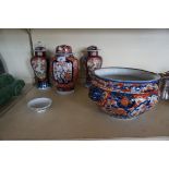 Four pieces of Chinese Imari to include three temple jars and a large bowl,