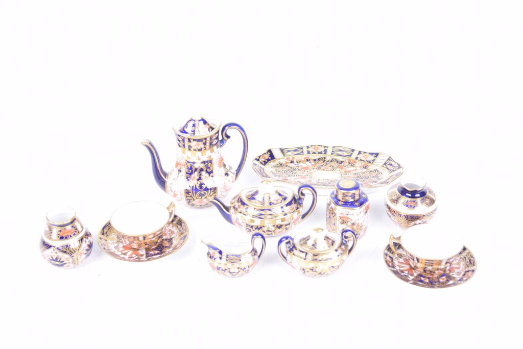 A Collection of Royal Crown Derby Imari pattern miniature items To include coffee pot, teapot,