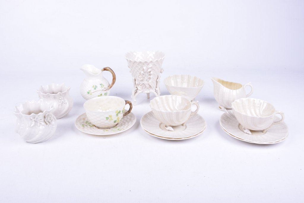 A collection of various Belleek porcelain items Comprising 2nd Period "Shamrock" pattern teacup,