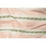 A pair of curtains Fully lined with pink and white stripes and ropework designs, 6ft 4 inches wide,