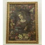 European School (19th/20th Century) "Mary the Mother of Jesus in a floral arbour" Oil on canvas,