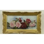 An early 20th Century rose glass painting The rectangular panel painted to the reverse with pink