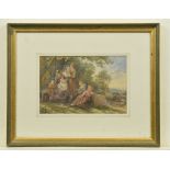 A Victorian watercolour Painted depicting mother and children before a rolling pasture landscape,