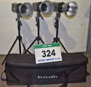 3: INTERFIT STELLAR 300 Tripod Mounted Studio Lamps each with Fitted Reflector Hood & A Soft Carry