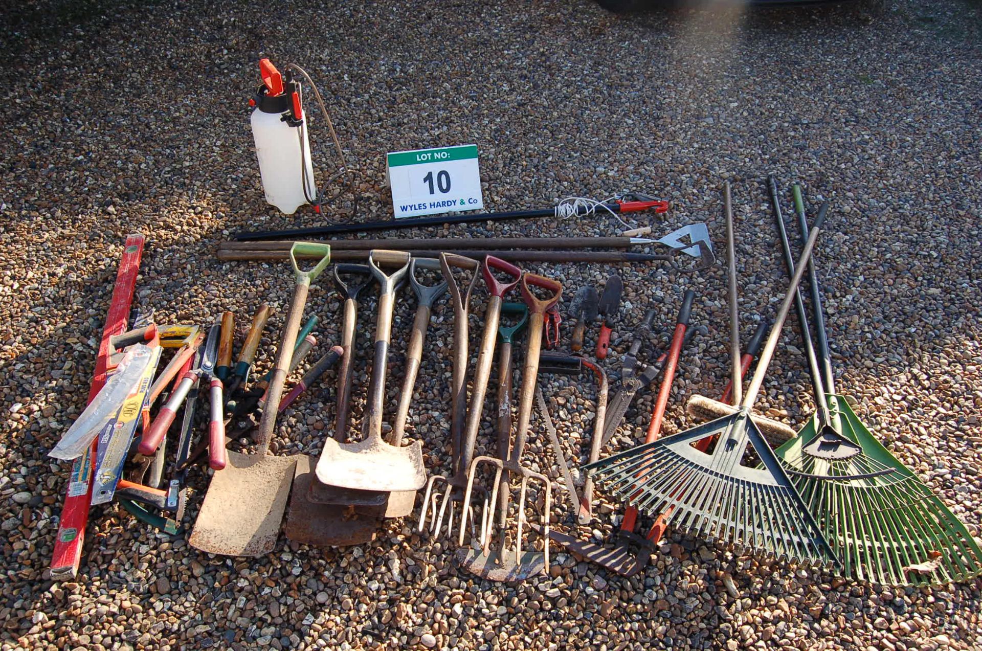 Thirty Five Pieces of Horticultural Hand Tools including Three Grass/Leaf Rakes, A Soft Broom, A