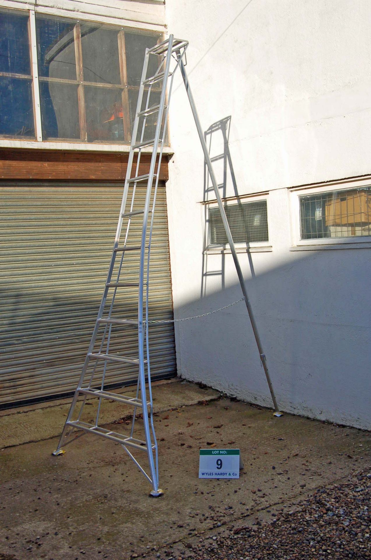 A WORKWEAR HPM360 12-Tread 3.98M Light Alloy Tripod Hedge Ladder with Adjustable Rear Leg & Claw