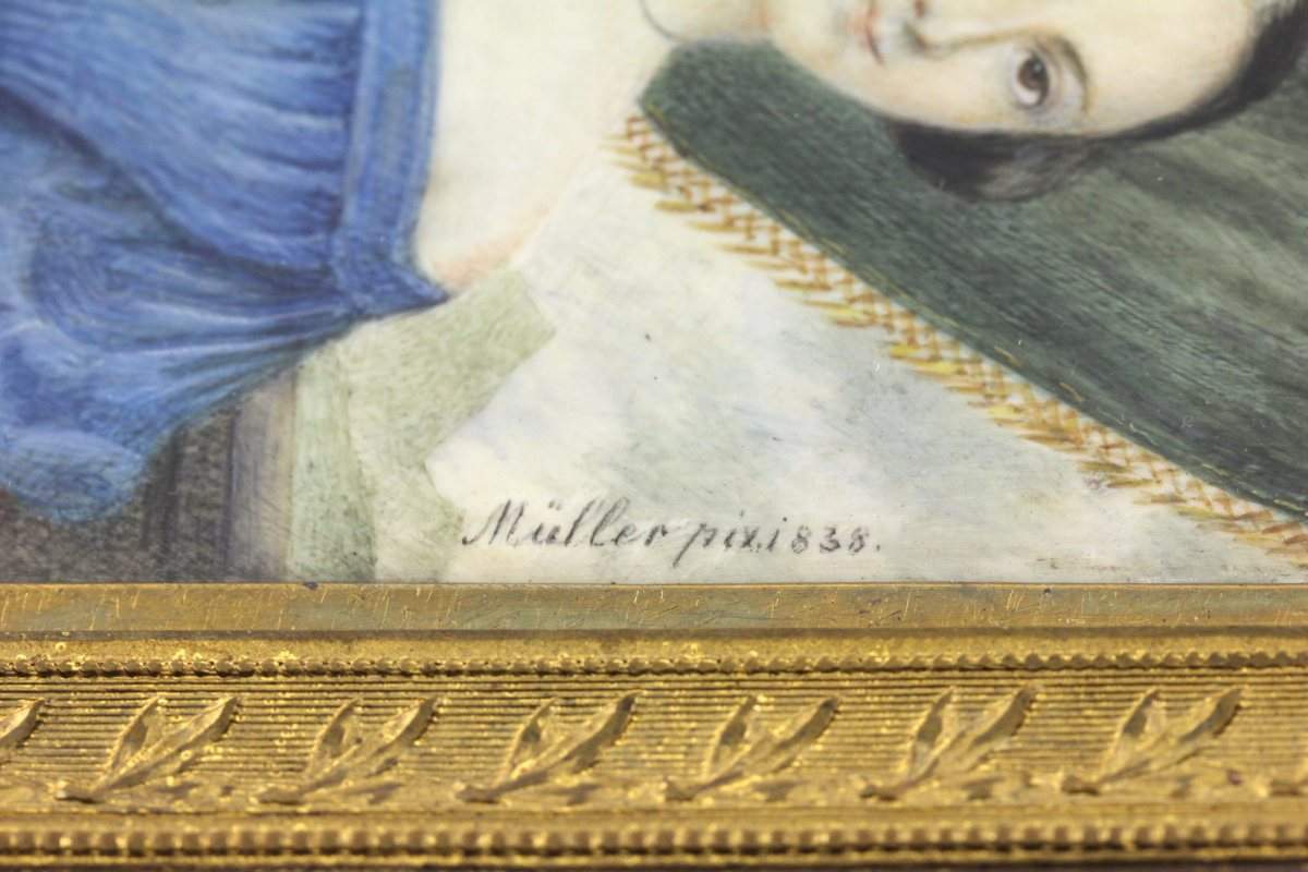 MINIATUR, "Junge Frau in blauem Kleid", farbige Malerei/Elfenbein, signiert Emil Müller, datiert - Image 2 of 2