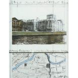 CHRISTO, "Verhüllter Reichstag, Berlin", Farboffset, mit Original-Gewebestück, 23 x 10, R.