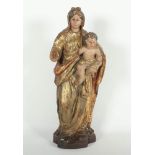 MADONNA MIT KIND, Holzfigur, Hartholz, farbig gefasst, H 67, besch., wohl LATEINAMERIKA, 18./19.Jh.