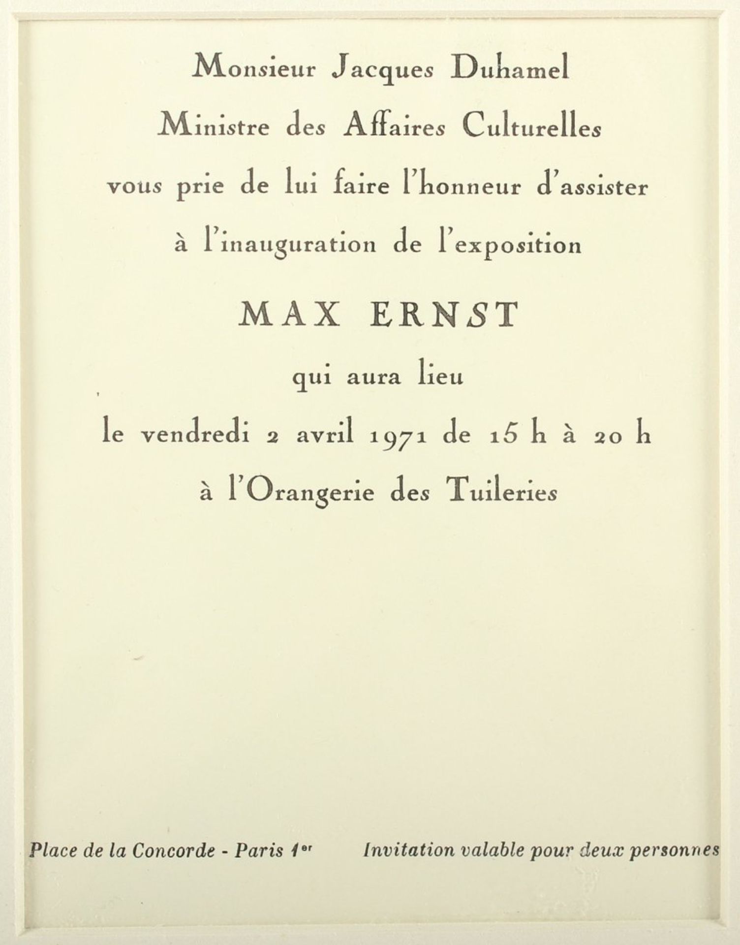 ERNST, Max, "Invitation pour l'Orangerie", Original-Farblithografie, 14 x 10,5, auf Vélin d' - Image 3 of 3