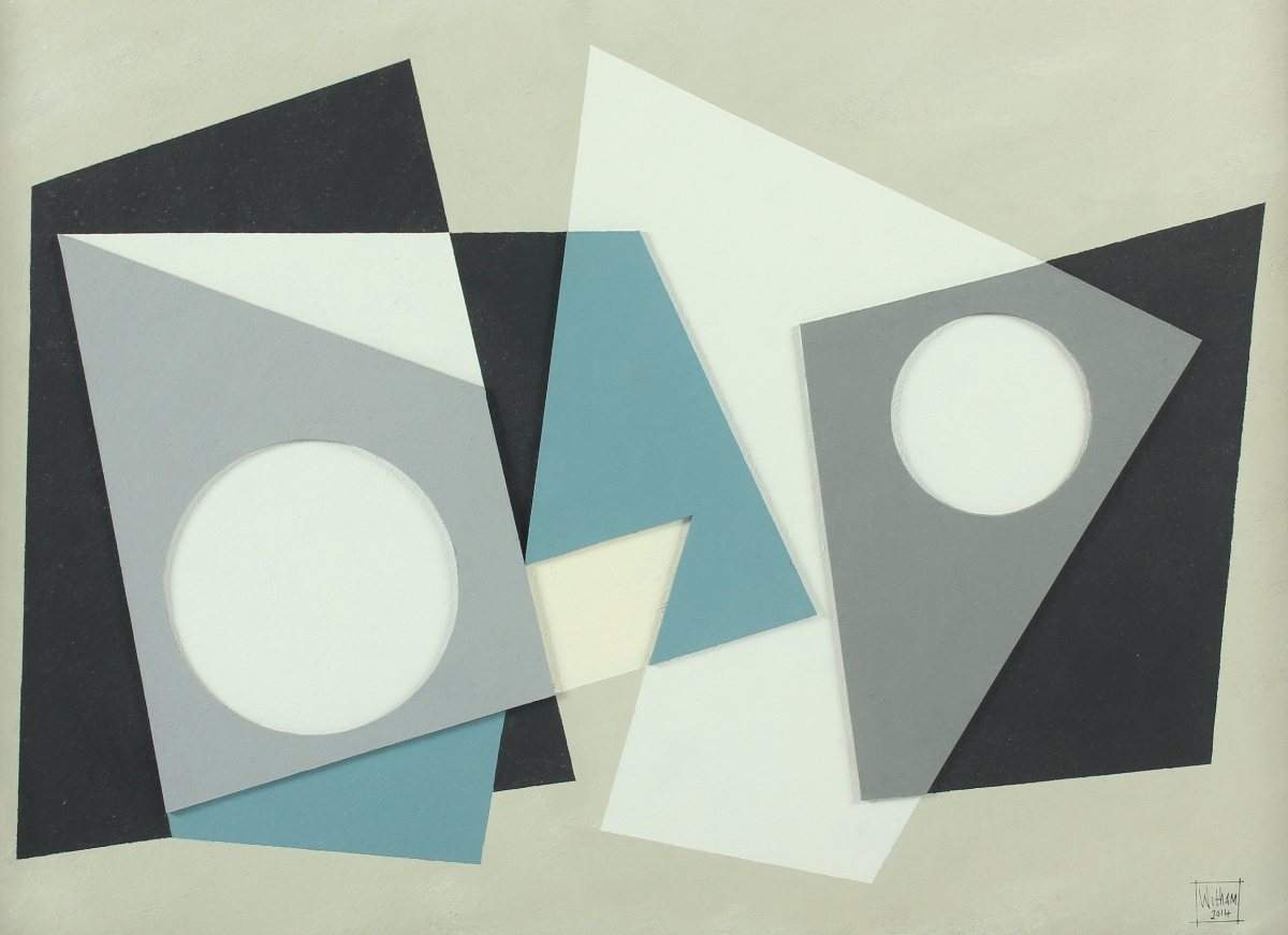 WITHAM, Richard, "Geometric IV", Mischtechnik und Collage auf Isorel, 50 x 70, unten rechts signiert