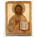 GROSSE IKONE, "Christus Pantokrator", Tempera/Holz, 86 x 64, Feinmalerei mit Goldhöhungen, stark