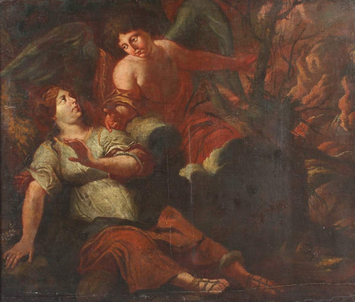 MALER DES 17.JH., "Biblische Szene mit einem Engel", Öl/Lwd., 92 x 108, doubliert, rest., R.