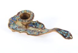 KERZENLEUCHTER "VIOLINE", einflammig, Messing, polychromes Emailcloisonné, L 16,5, min. gedellt,