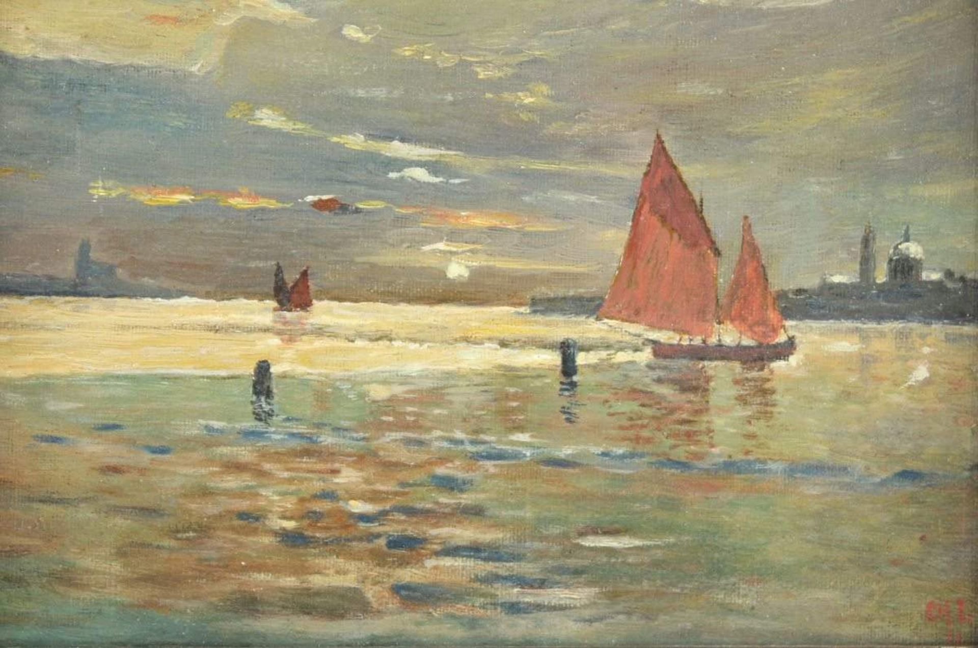 MONOGRAMMIST UM 1900, "Schiffe vor Venedig", Öl/Malplatte, 16 x 23, unten rechts monogrammiert "Ch.