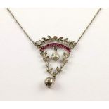 COLLIER, Silber, besetzt mit farblosem Strass und Rubinsimili, L 41, um 1900