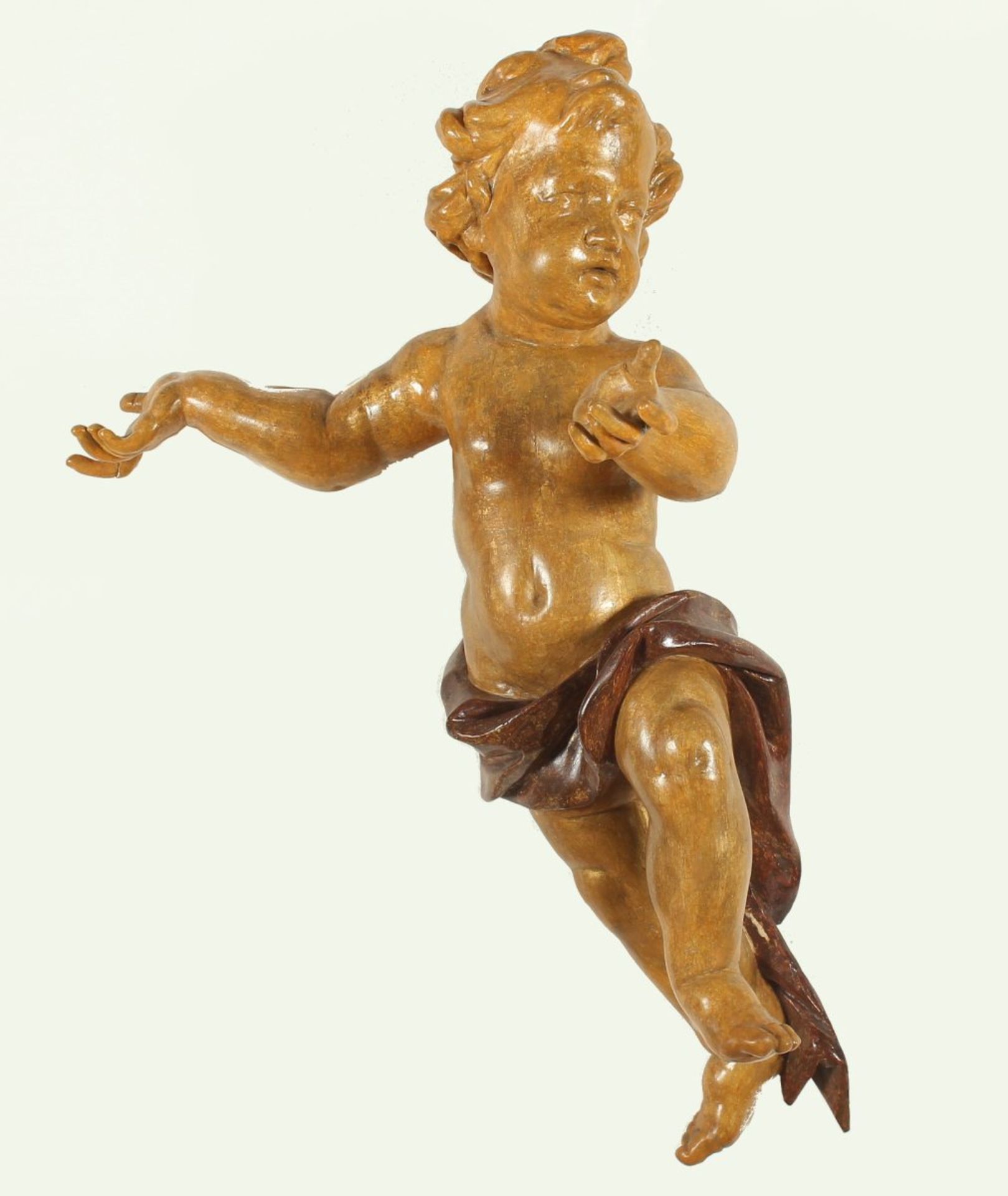 GROSSER PUTTO, Holz, geschnitzt, polychrom gefasst, rest. und erg., L 88, DEUTSCH, 18.Jh. - Image 2 of 4