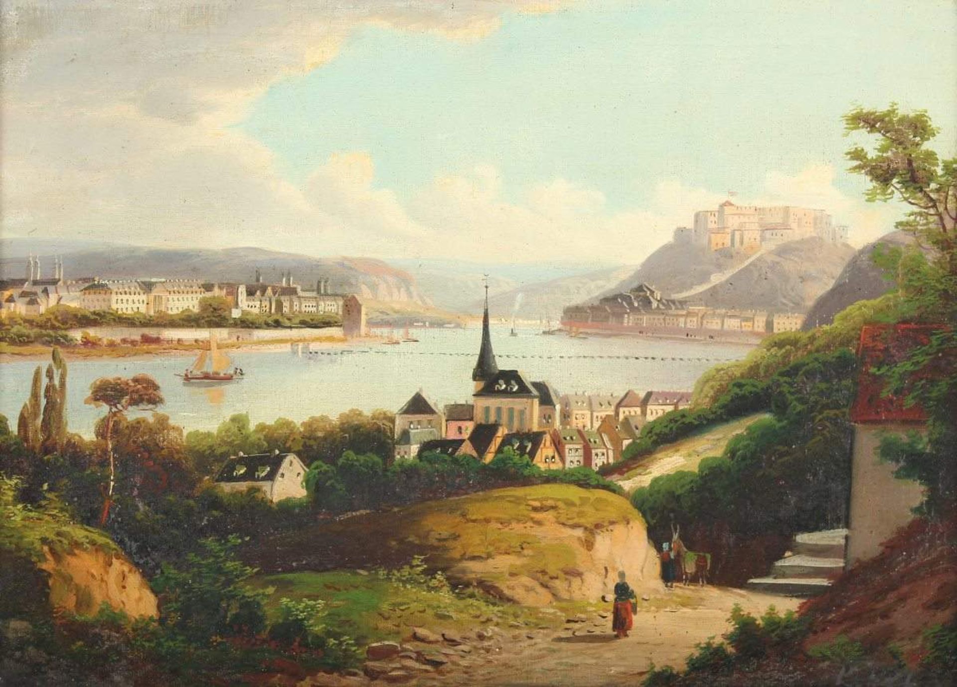 MALER DES 19.JH., "Ansicht von Koblenz", Öl/Lwd., 48 x 65, R.