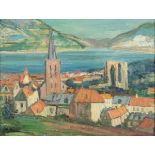 MALER A.20.JH., "Ansicht von Bacharach mit der Wernerkapelle", Öl/Lwd., 70 x 90, unten links