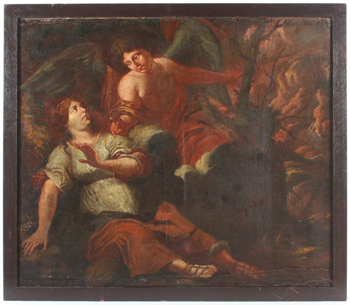 MALER DES 17.JH., "Biblische Szene mit einem Engel", Öl/Lwd., 92 x 108, doubliert, rest., R. - Image 2 of 4