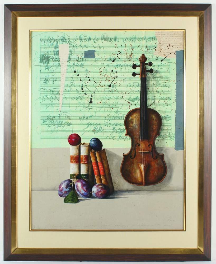 ZELLMER, Wolfgang, "Stilleben mit Violine", Mischtechnik mit Collage, verso Titelangabe "A Mayor - Image 2 of 4