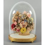 BIEDERMEIER-BLUMENSCHMUCK, Wachskorb, mit Papierblumen und H 52, Glasdom, DEUTSCH, um 1830