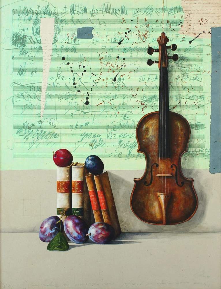 ZELLMER, Wolfgang, "Stilleben mit Violine", Mischtechnik mit Collage, verso Titelangabe "A Mayor