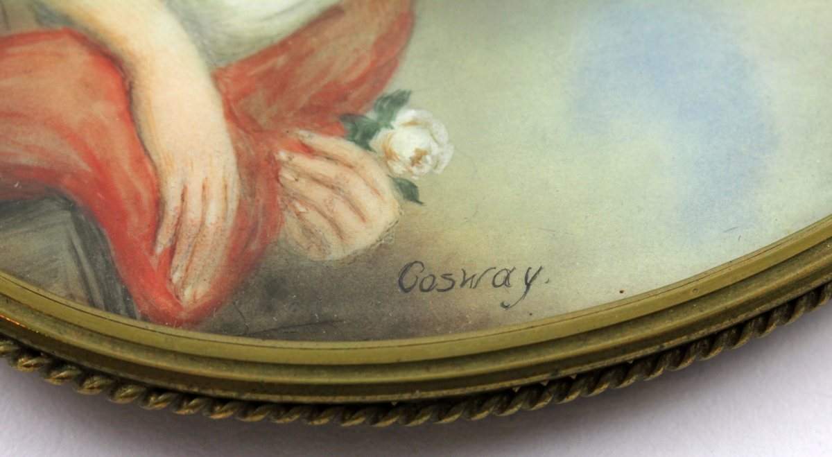 MINIATUR, "Junge Frau mit Rose", feine Malerei/Elfenbein, Dm 9, bez.Cosway, verso ebenso verglast - Image 3 of 3