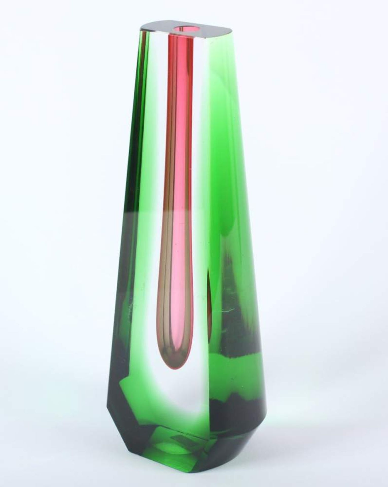 TROPFENVASE, farbloses Glas, partiell grün und pink getönt, H 25, minst.best., Entwurf Pavel