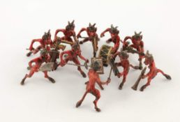 TEUFELSKAPELLE, 10tlg., Teufelsfiguren, diverse Instrumente spielend, Bronze, polychrom bemalt, H