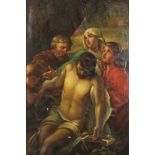 SAKRALMALER DES 19.JH., "Beweinung Christi", Öl/Lwd., 155 x 105, besch., R.