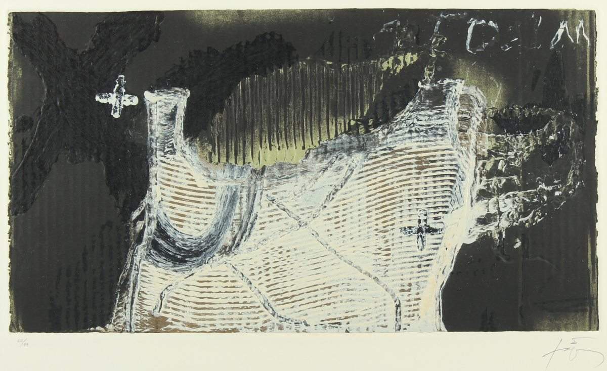 TAPIES, Antoni, "Peca de Roba", Original-Farbradierung, 30,5 x 56, nummeriert 60/99, handsigniert,