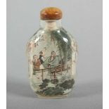 SNUFF-BOTTLE, Glas, zwei Szenen in Hinterglasmalerei, Aufschrift und Siegel, H 7, CHINA