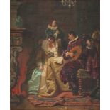 CONRADS (Genremaler um 1900), "Zwei Damen mit Lautenspieler", wohl nach Caspar Netscher, Öl/Lwd., 36