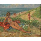 BOEHM, Karl (1898-1939), "Badeszene am Ostseestrand", Öl/Hartfaser, 33 x 40, unten rechts signiert