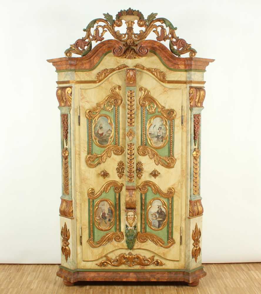 IRSCHENBERGER BAUERNSCHRANK, Holz, geschnitzt, zweitürig, polychrom bemalt, H 205, B 123, T 50,