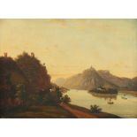 BRANDT (Rheinromantiker um 1900), "Rheinlandschaft mit Drachenfels und Rolandsbogen", Öl/Lwd., 48