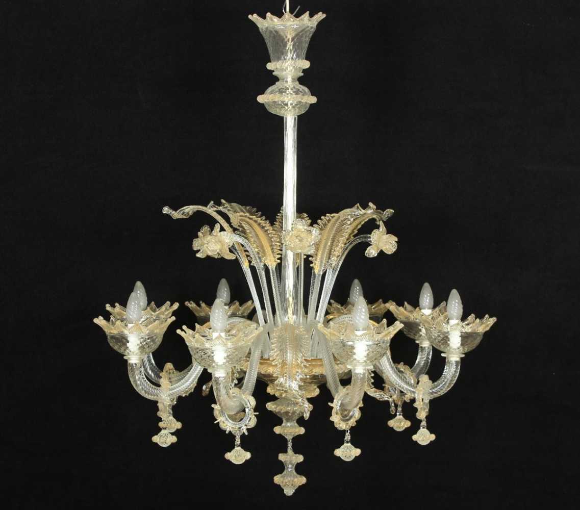 GROSSER DECKENLEUCHTER, Glas, mit Goldstaubeinschlüssen, reicher Behang, Dm 96, H 118 cm, MURANO,