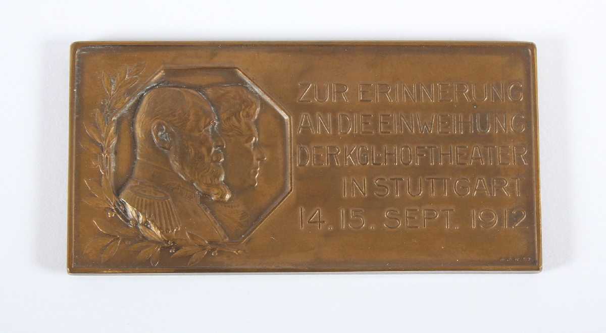 PLAKETTE, Bronze, zur Einweihung Hoftheater Stuttgart 1912, L 8, Original-Etui