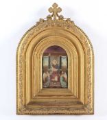 BILDERRAHMEN, Holz, stuckiert, vergoldet, mit übermaltem Druck auf Leinwand, Madonna mit Kind,